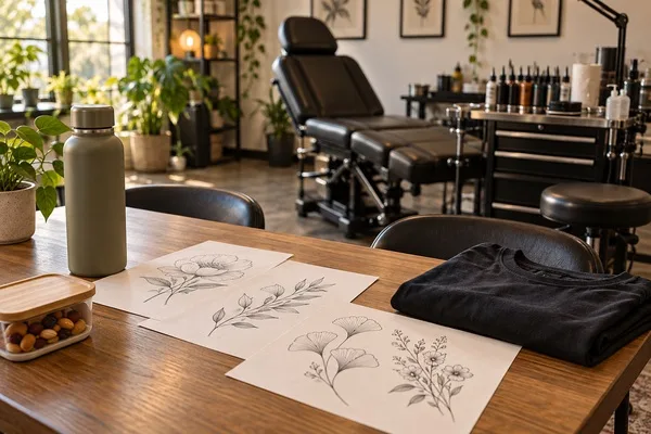 Tattoo reference drawings, water bottle, snack, and folded shirt on a table in a clean tattoo studio.