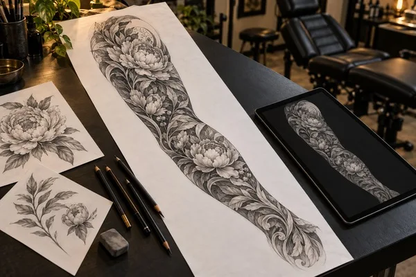 Floral sleeve tattoo concept on paper and a tablet, with pencils and detail sketches on a studio worktable.